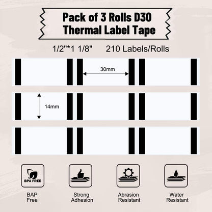 D30 Label Tape, Black on Transparent Clear Sticker Thermal Paper | for D30 D35 Q30 Q30S Label Maker, Self-Adhesive Label Maker Tape, 14mm x 30mm (0.55 x 1.18 Inch) 210 Labels/Roll, 3-Roll