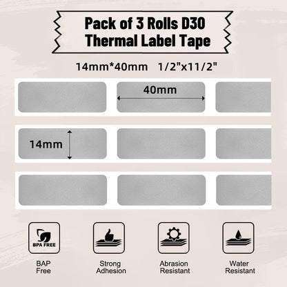 D30 Label Tape, Black on Transparent Clear Sticker Thermal Paper | for D30 D35 Q30 Q30S Label Maker, Self-Adhesive Label Maker Tape, 14mm x 30mm (0.55 x 1.18 Inch) 210 Labels/Roll, 3-Roll