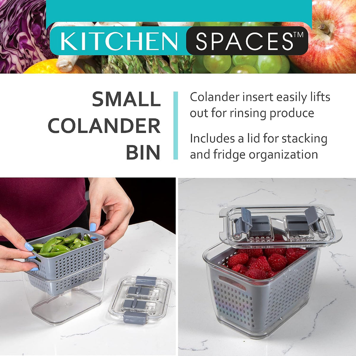 Colander Bin, Produce Saver, Fridge Organizer With Lid, Wash, Strain and Store, Great for Refrigerator, Freezer and Pantry, Medium, Mint Green, Pack of 1