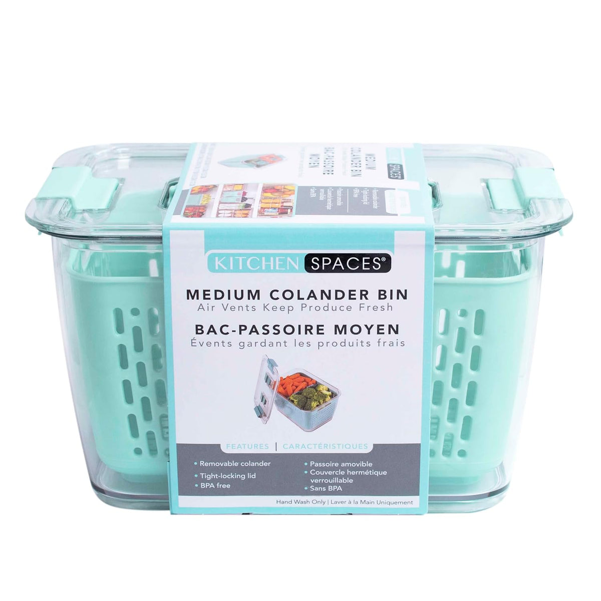 Colander Bin, Produce Saver, Fridge Organizer With Lid, Wash, Strain and Store, Great for Refrigerator, Freezer and Pantry, Medium, Mint Green, Pack of 1