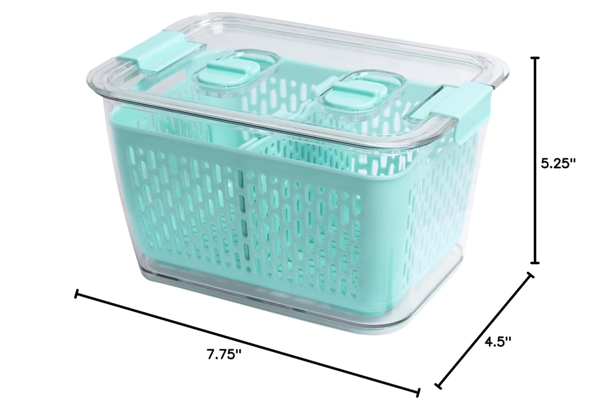 Colander Bin, Produce Saver, Fridge Organizer With Lid, Wash, Strain and Store, Great for Refrigerator, Freezer and Pantry, Medium, Mint Green, Pack of 1