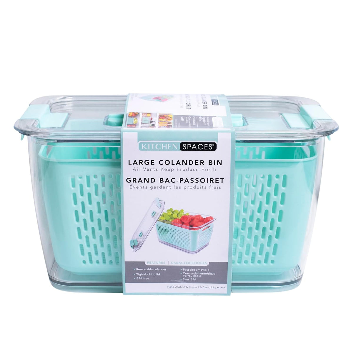 Colander Bin, Produce Saver, Fridge Organizer With Lid, Wash, Strain and Store, Great for Refrigerator, Freezer and Pantry, Medium, Mint Green, Pack of 1