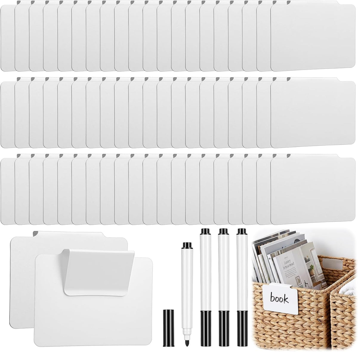 64 Pcs Basket Labels Clip Set, Includes 60 White Kitchen Clip Label Holder with 4 Chalk Markers, Removable PVC Clips On PVC Labels for Storage Bins Basket Pantry Organization Box