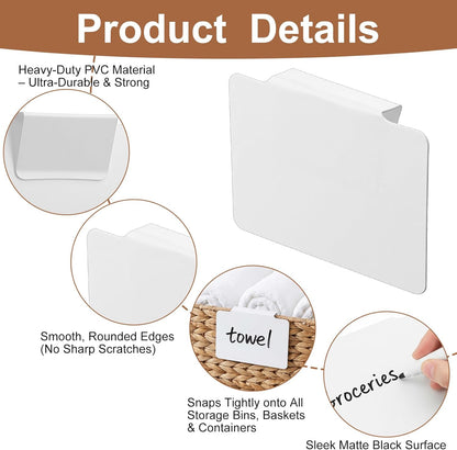 64 Pcs Basket Labels Clip Set, Includes 60 White Kitchen Clip Label Holder with 4 Chalk Markers, Removable PVC Clips On PVC Labels for Storage Bins Basket Pantry Organization Box