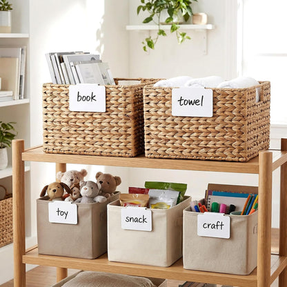 64 Pcs Basket Labels Clip Set, Includes 60 White Kitchen Clip Label Holder with 4 Chalk Markers, Removable PVC Clips On PVC Labels for Storage Bins Basket Pantry Organization Box