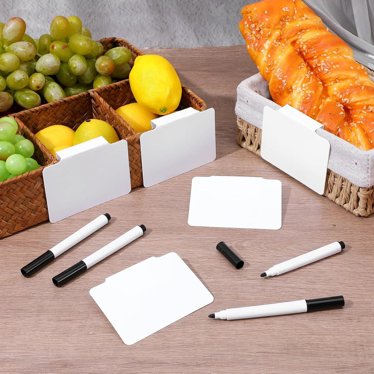 64 Pcs Basket Labels Clip Set, Includes 60 White Kitchen Clip Label Holder with 4 Chalk Markers, Removable PVC Clips On PVC Labels for Storage Bins Basket Pantry Organization Box