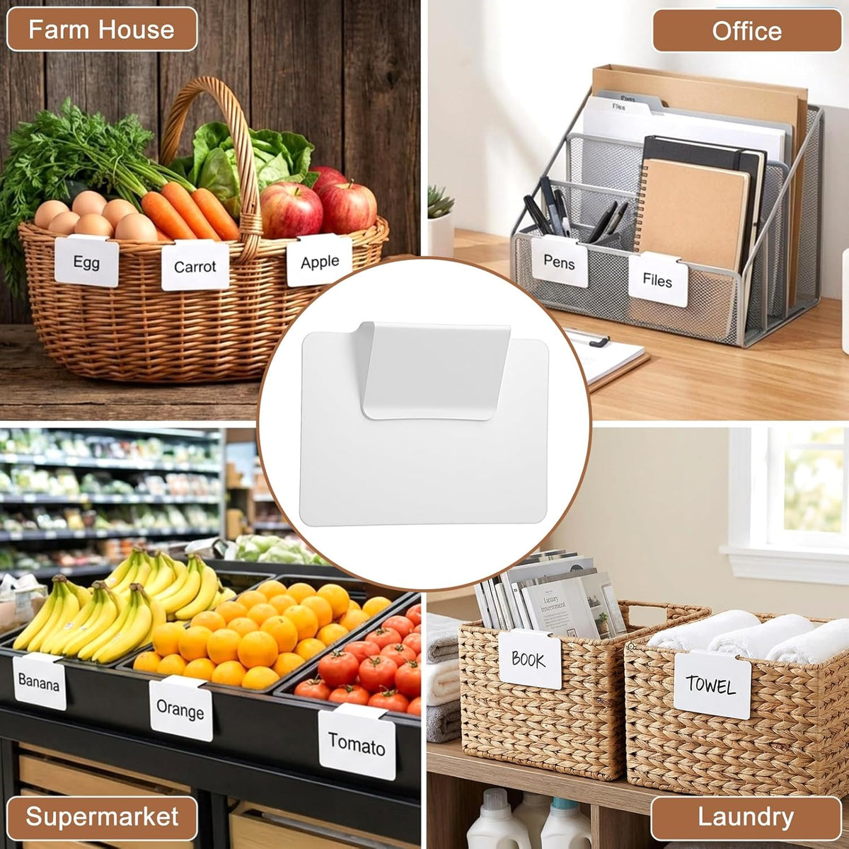 64 Pcs Basket Labels Clip Set, Includes 60 White Kitchen Clip Label Holder with 4 Chalk Markers, Removable PVC Clips On PVC Labels for Storage Bins Basket Pantry Organization Box