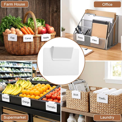 64 Pcs Basket Labels Clip Set, Includes 60 White Kitchen Clip Label Holder with 4 Chalk Markers, Removable PVC Clips On PVC Labels for Storage Bins Basket Pantry Organization Box