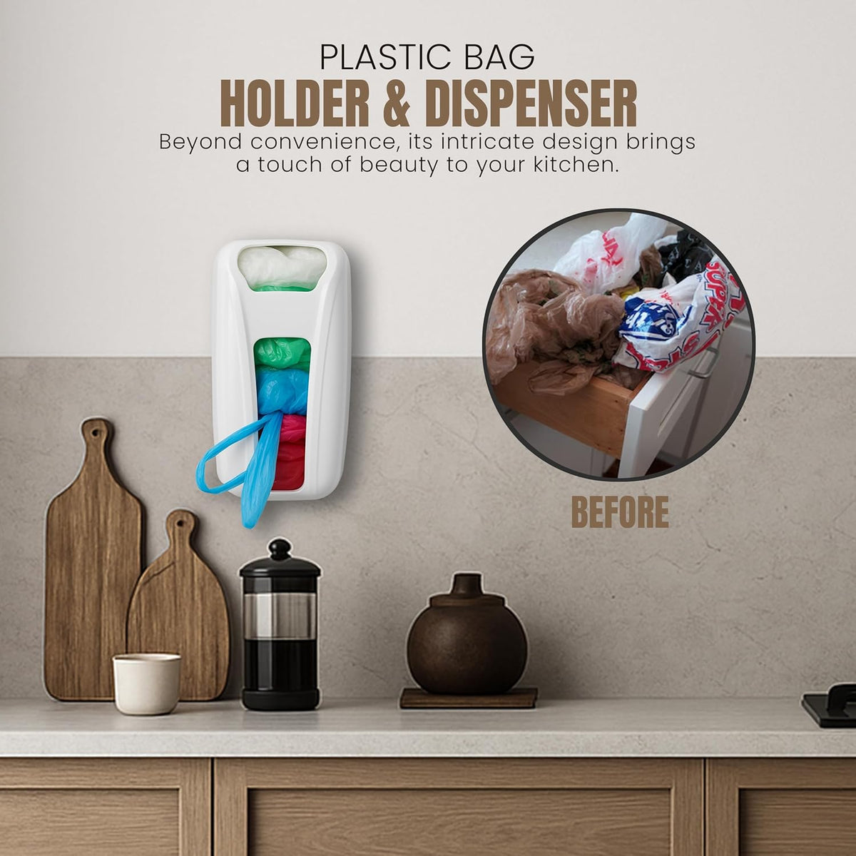Plastic Bag Holder For Grocery Bags, Durable Plastic Bag Organizer Wall Mount, Storage Organizer & Saver for Grocery, Shopping & Trash Bags, White