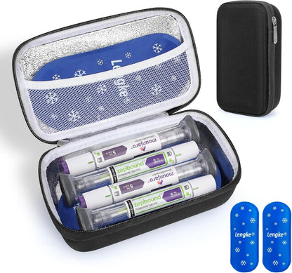 GLP-1 Travel case Fits 4 Zpbound or Mounjaro Injector Pens (Black） | 2 × 100g TSA Approved Reusable Ice Packs, 8–10H Cool, Fits Most GLP-1 Pens, Waterproof EVA Medicine Organizer for Daily Use