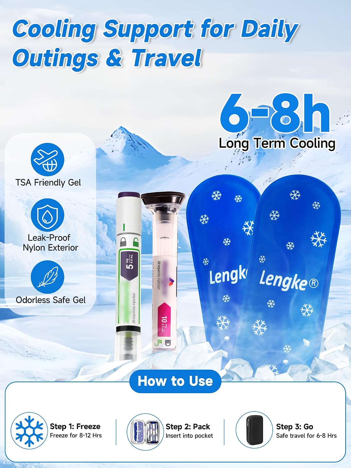 GLP-1 Travel case Fits 4 Zpbound or Mounjaro Injector Pens (Black） | 2 × 100g TSA Approved Reusable Ice Packs, 8–10H Cool, Fits Most GLP-1 Pens, Waterproof EVA Medicine Organizer for Daily Use