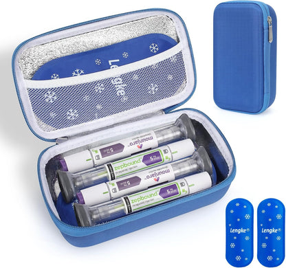 GLP-1 Travel case Fits 4 Zpbound or Mounjaro Injector Pens (Black） | 2 × 100g TSA Approved Reusable Ice Packs, 8–10H Cool, Fits Most GLP-1 Pens, Waterproof EVA Medicine Organizer for Daily Use
