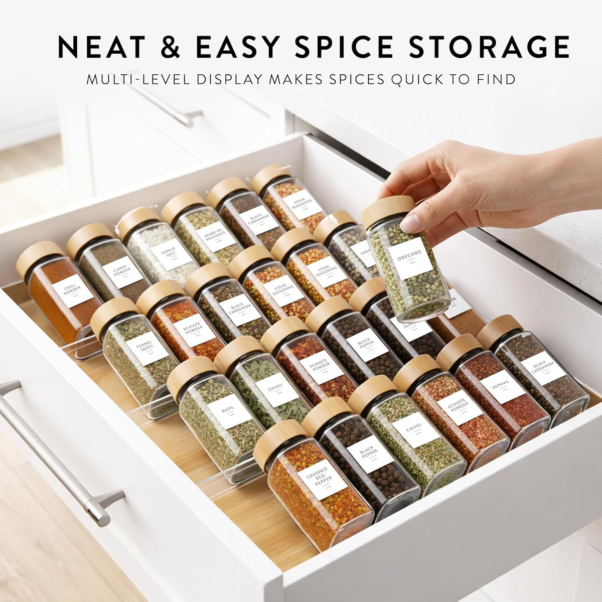 Acrylic Spice Drawer Organizer 4 PK, Expandable 13"-26" Acrylic Spice Rack for Drawer Seasoning Organizer Tray, Shelf Stackable 4-Tier Herb Jar Rack Insert for Kitchen Cabinet, Herb Jars Not Included