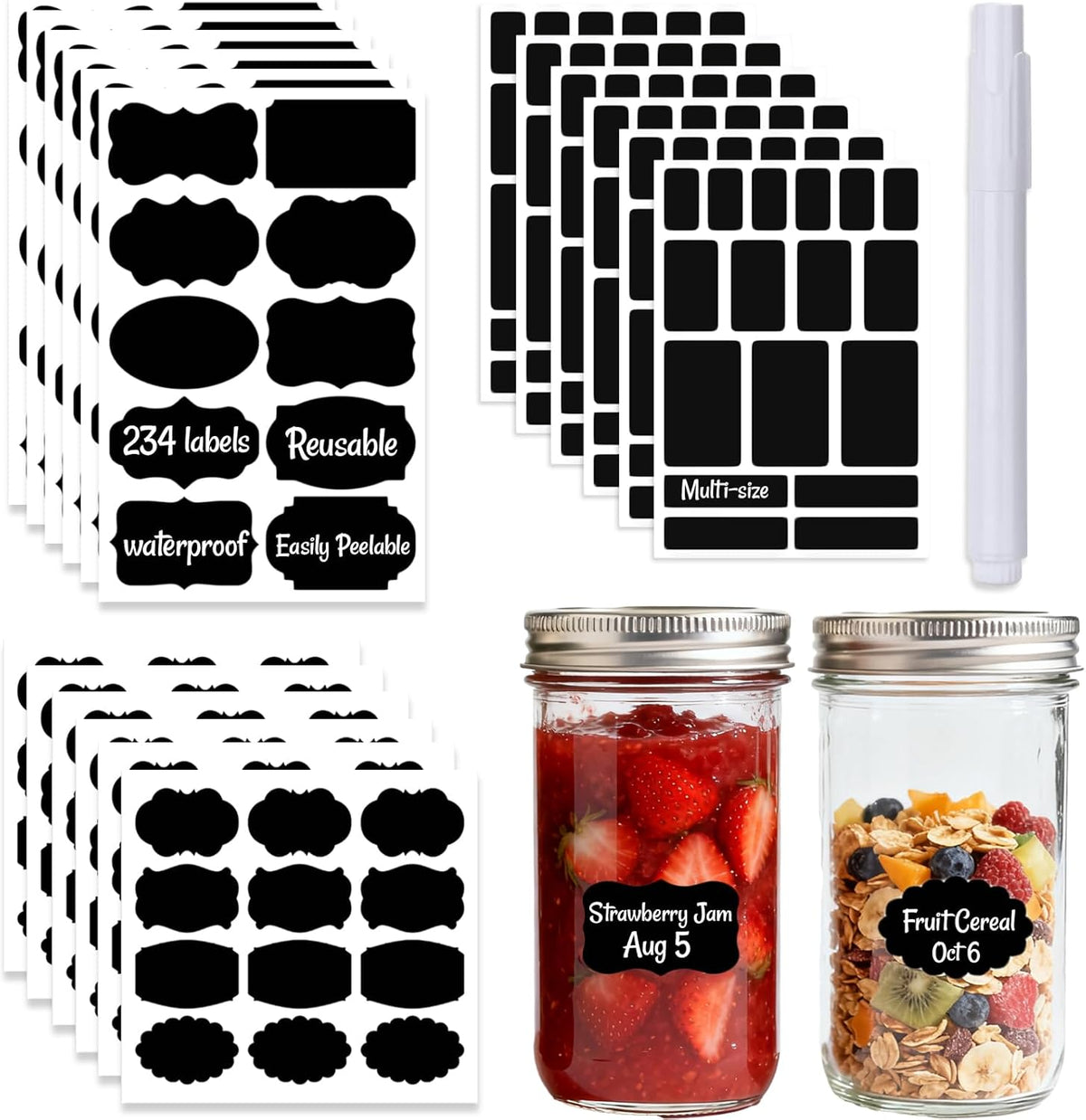 234PCS Removable Black Chalkboard Labels with Marker - Waterproof, No Residue Chalkboard Labels Multi-Size Labels for Food Containers, Mason Jars, Kitchen Pantry & Storage & Home Organization