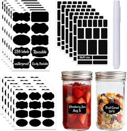 234PCS Removable Black Chalkboard Labels with Marker - Waterproof, No Residue Chalkboard Labels Multi-Size Labels for Food Containers, Mason Jars, Kitchen Pantry & Storage & Home Organization
