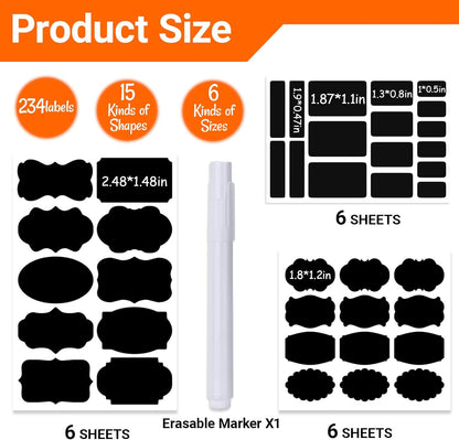 234PCS Removable Black Chalkboard Labels with Marker - Waterproof, No Residue Chalkboard Labels Multi-Size Labels for Food Containers, Mason Jars, Kitchen Pantry & Storage & Home Organization