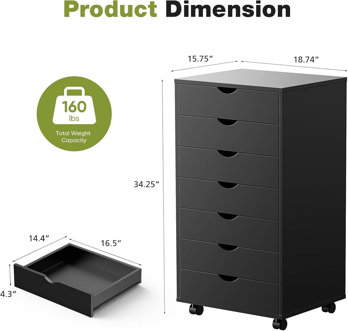 5 Drawer Wooden Dresser, Storage Cabinets, Room Organization | Mobile Rolling Wheels, Vertical Organizer Chest, Home Office Bedroom Furniture, White Wood