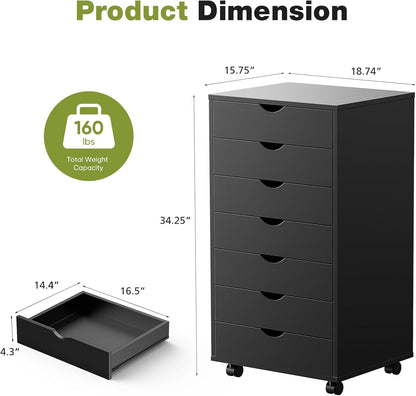 5 Drawer Wooden Dresser, Storage Cabinets, Room Organization | Mobile Rolling Wheels, Vertical Organizer Chest, Home Office Bedroom Furniture, White Wood