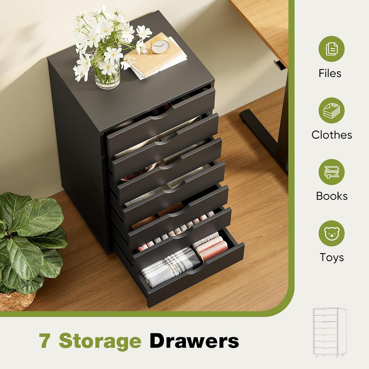 5 Drawer Wooden Dresser, Storage Cabinets, Room Organization | Mobile Rolling Wheels, Vertical Organizer Chest, Home Office Bedroom Furniture, White Wood