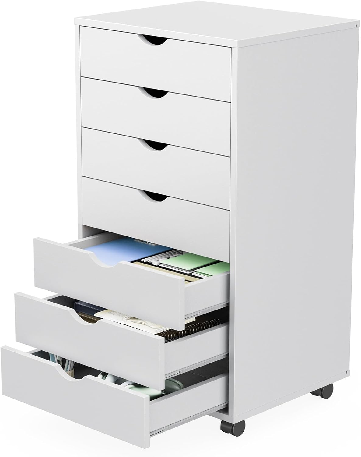 5 Drawer Wooden Dresser, Storage Cabinets, Room Organization | Mobile Rolling Wheels, Vertical Organizer Chest, Home Office Bedroom Furniture, White Wood