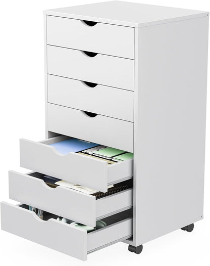 5 Drawer Wooden Dresser, Storage Cabinets, Room Organization | Mobile Rolling Wheels, Vertical Organizer Chest, Home Office Bedroom Furniture, White Wood