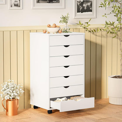 5 Drawer Wooden Dresser, Storage Cabinets, Room Organization | Mobile Rolling Wheels, Vertical Organizer Chest, Home Office Bedroom Furniture, White Wood