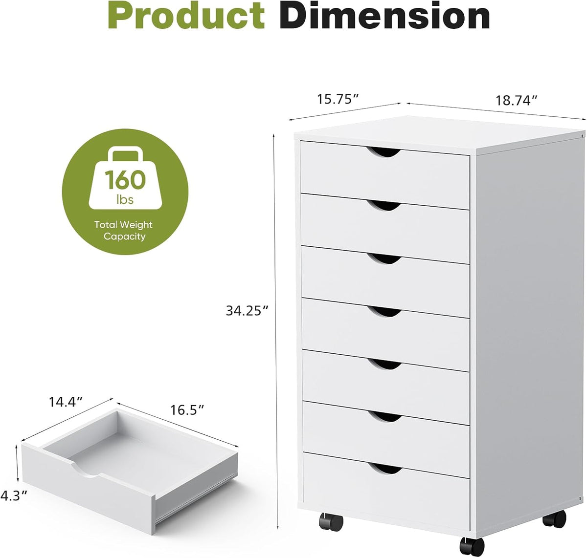 5 Drawer Wooden Dresser, Storage Cabinets, Room Organization | Mobile Rolling Wheels, Vertical Organizer Chest, Home Office Bedroom Furniture, White Wood