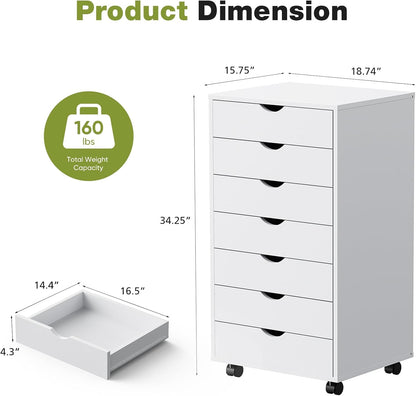 5 Drawer Wooden Dresser, Storage Cabinets, Room Organization | Mobile Rolling Wheels, Vertical Organizer Chest, Home Office Bedroom Furniture, White Wood