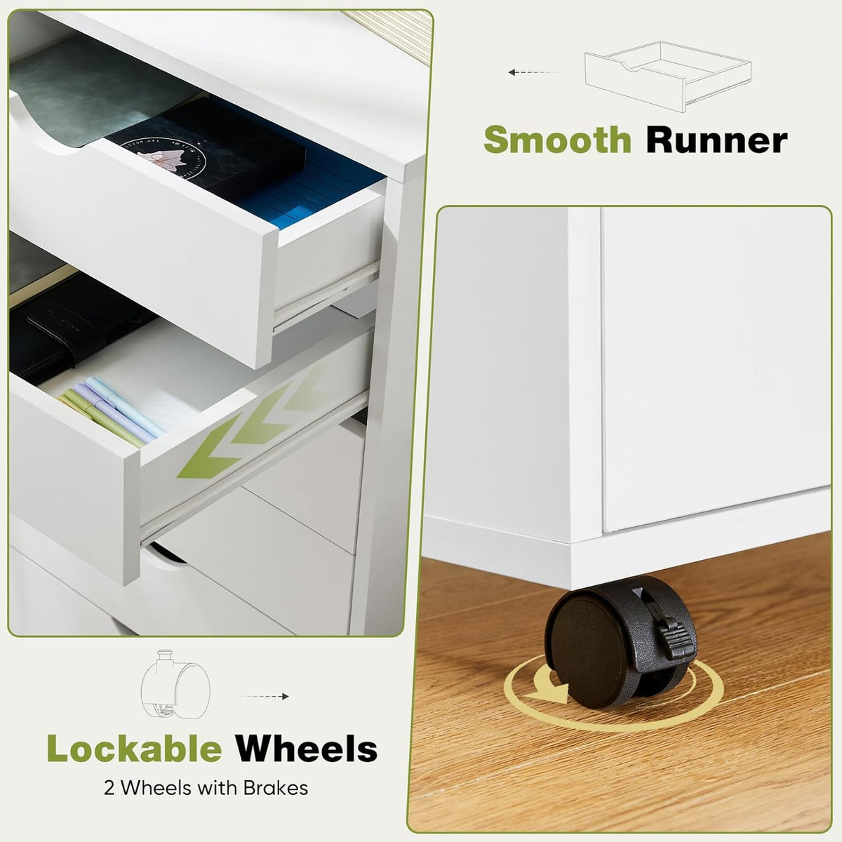 5 Drawer Wooden Dresser, Storage Cabinets, Room Organization | Mobile Rolling Wheels, Vertical Organizer Chest, Home Office Bedroom Furniture, White Wood