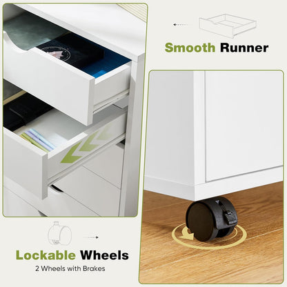 5 Drawer Wooden Dresser, Storage Cabinets, Room Organization | Mobile Rolling Wheels, Vertical Organizer Chest, Home Office Bedroom Furniture, White Wood