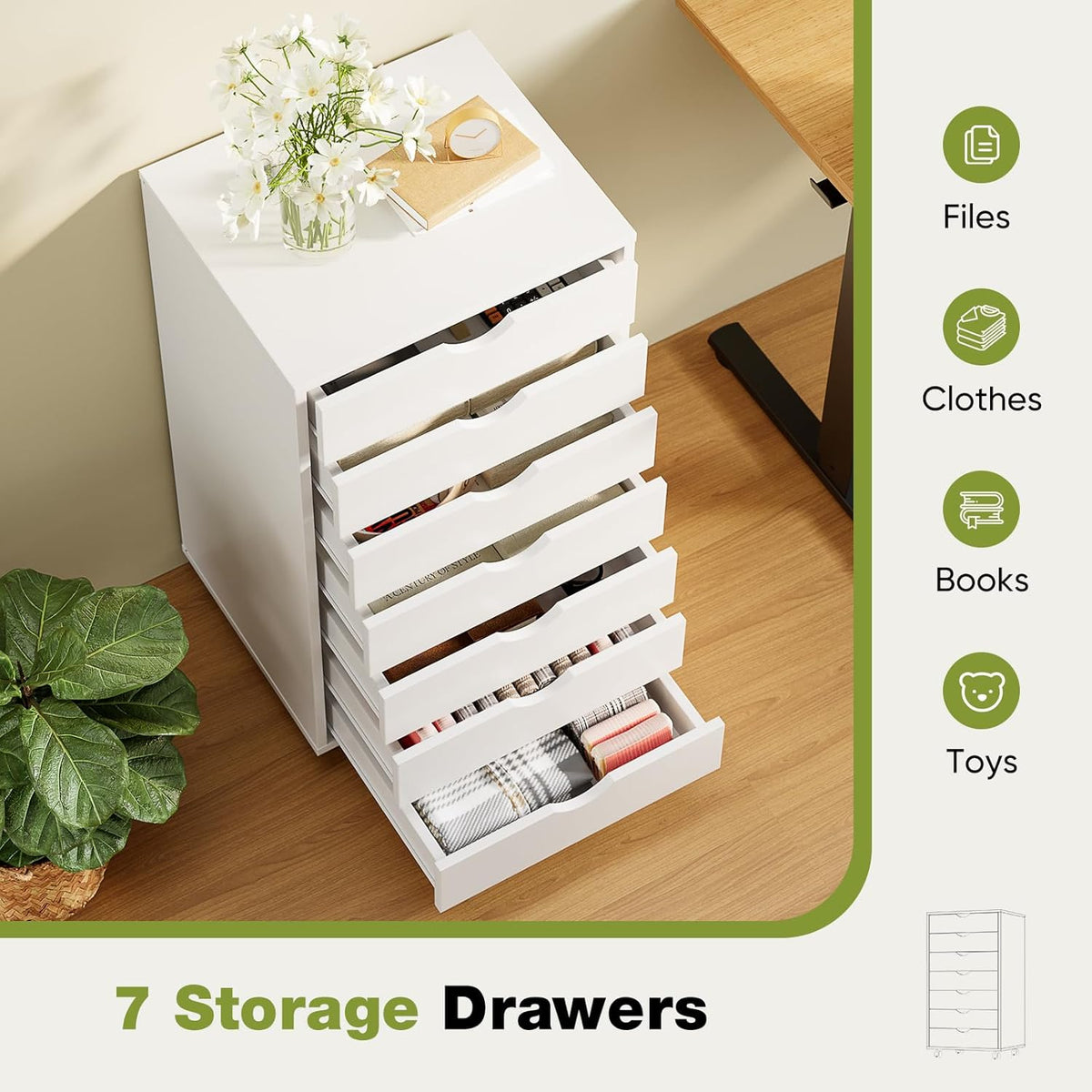 5 Drawer Wooden Dresser, Storage Cabinets, Room Organization | Mobile Rolling Wheels, Vertical Organizer Chest, Home Office Bedroom Furniture, White Wood
