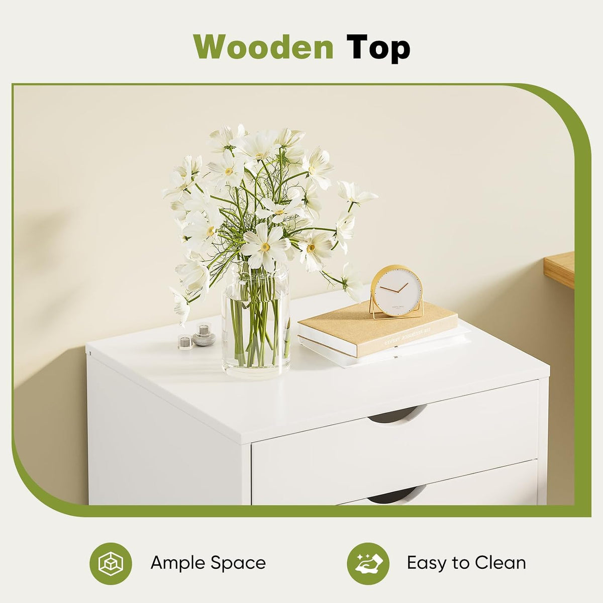 5 Drawer Wooden Dresser, Storage Cabinets, Room Organization | Mobile Rolling Wheels, Vertical Organizer Chest, Home Office Bedroom Furniture, White Wood