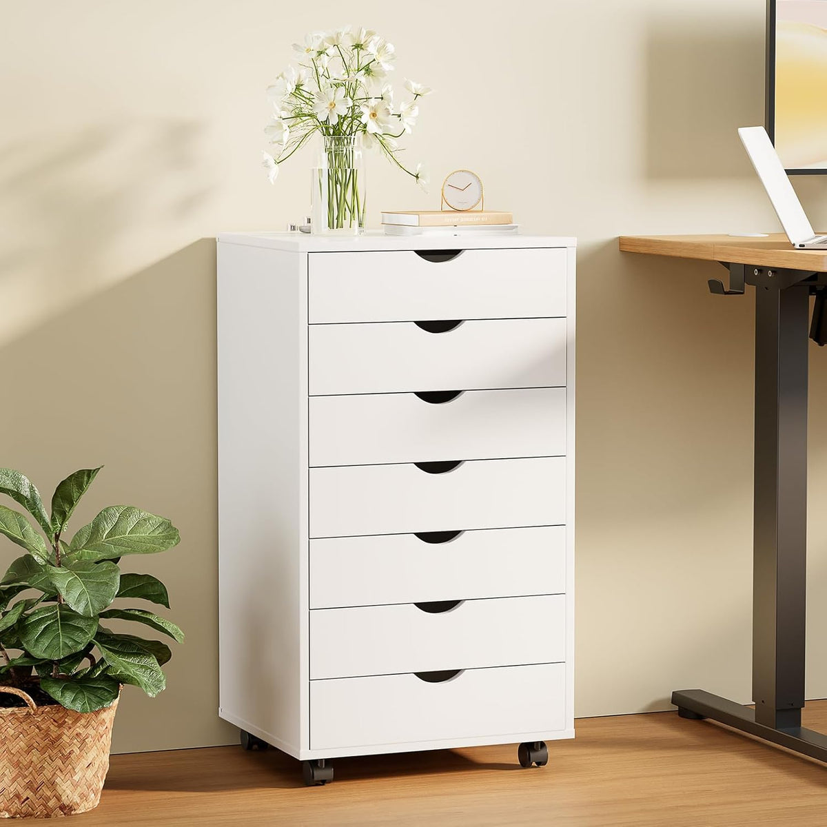 5 Drawer Wooden Dresser, Storage Cabinets, Room Organization | Mobile Rolling Wheels, Vertical Organizer Chest, Home Office Bedroom Furniture, White Wood