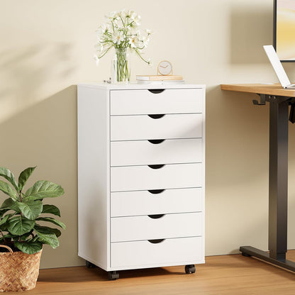 5 Drawer Wooden Dresser, Storage Cabinets, Room Organization | Mobile Rolling Wheels, Vertical Organizer Chest, Home Office Bedroom Furniture, White Wood