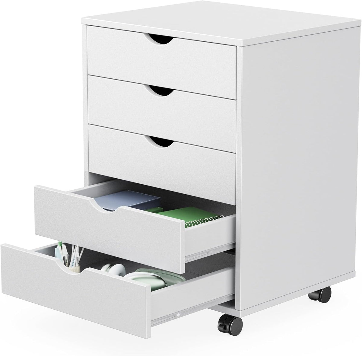 5 Drawer Wooden Dresser, Storage Cabinets, Room Organization | Mobile Rolling Wheels, Vertical Organizer Chest, Home Office Bedroom Furniture, White Wood