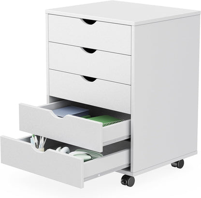 5 Drawer Wooden Dresser, Storage Cabinets, Room Organization | Mobile Rolling Wheels, Vertical Organizer Chest, Home Office Bedroom Furniture, White Wood