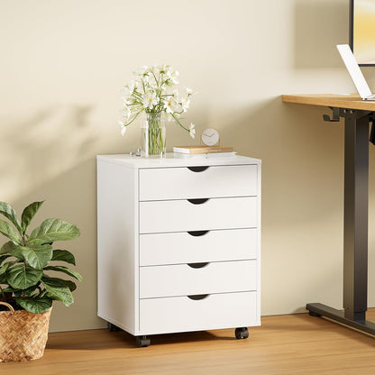 5 Drawer Wooden Dresser, Storage Cabinets, Room Organization | Mobile Rolling Wheels, Vertical Organizer Chest, Home Office Bedroom Furniture, White Wood