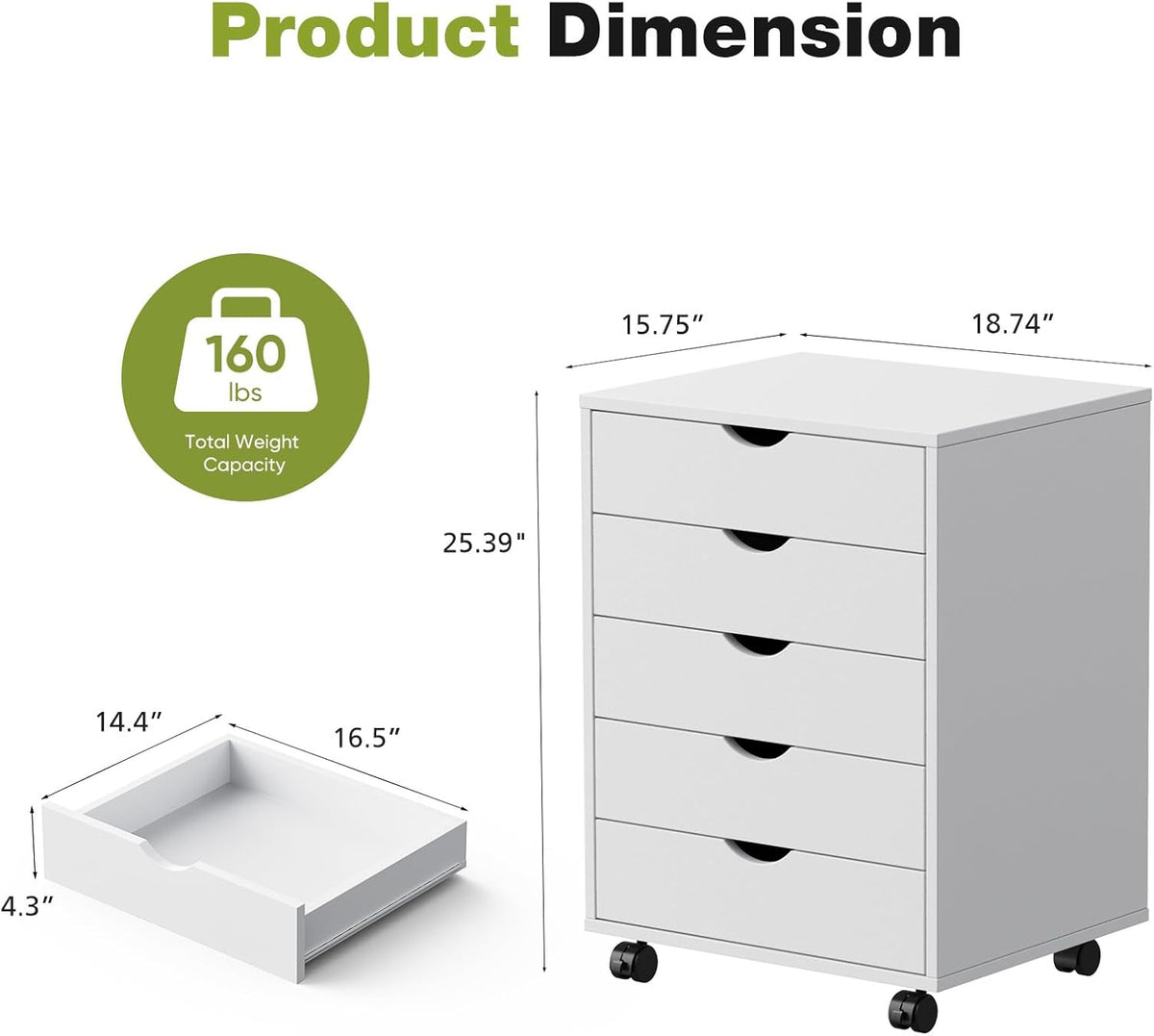 5 Drawer Wooden Dresser, Storage Cabinets, Room Organization | Mobile Rolling Wheels, Vertical Organizer Chest, Home Office Bedroom Furniture, White Wood