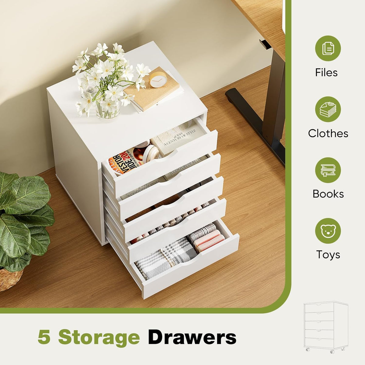 5 Drawer Wooden Dresser, Storage Cabinets, Room Organization | Mobile Rolling Wheels, Vertical Organizer Chest, Home Office Bedroom Furniture, White Wood
