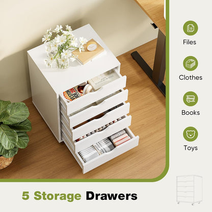 5 Drawer Wooden Dresser, Storage Cabinets, Room Organization | Mobile Rolling Wheels, Vertical Organizer Chest, Home Office Bedroom Furniture, White Wood