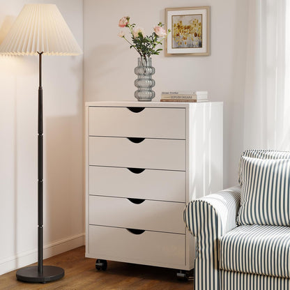 5 Drawer Wooden Dresser, Storage Cabinets, Room Organization | Mobile Rolling Wheels, Vertical Organizer Chest, Home Office Bedroom Furniture, White Wood