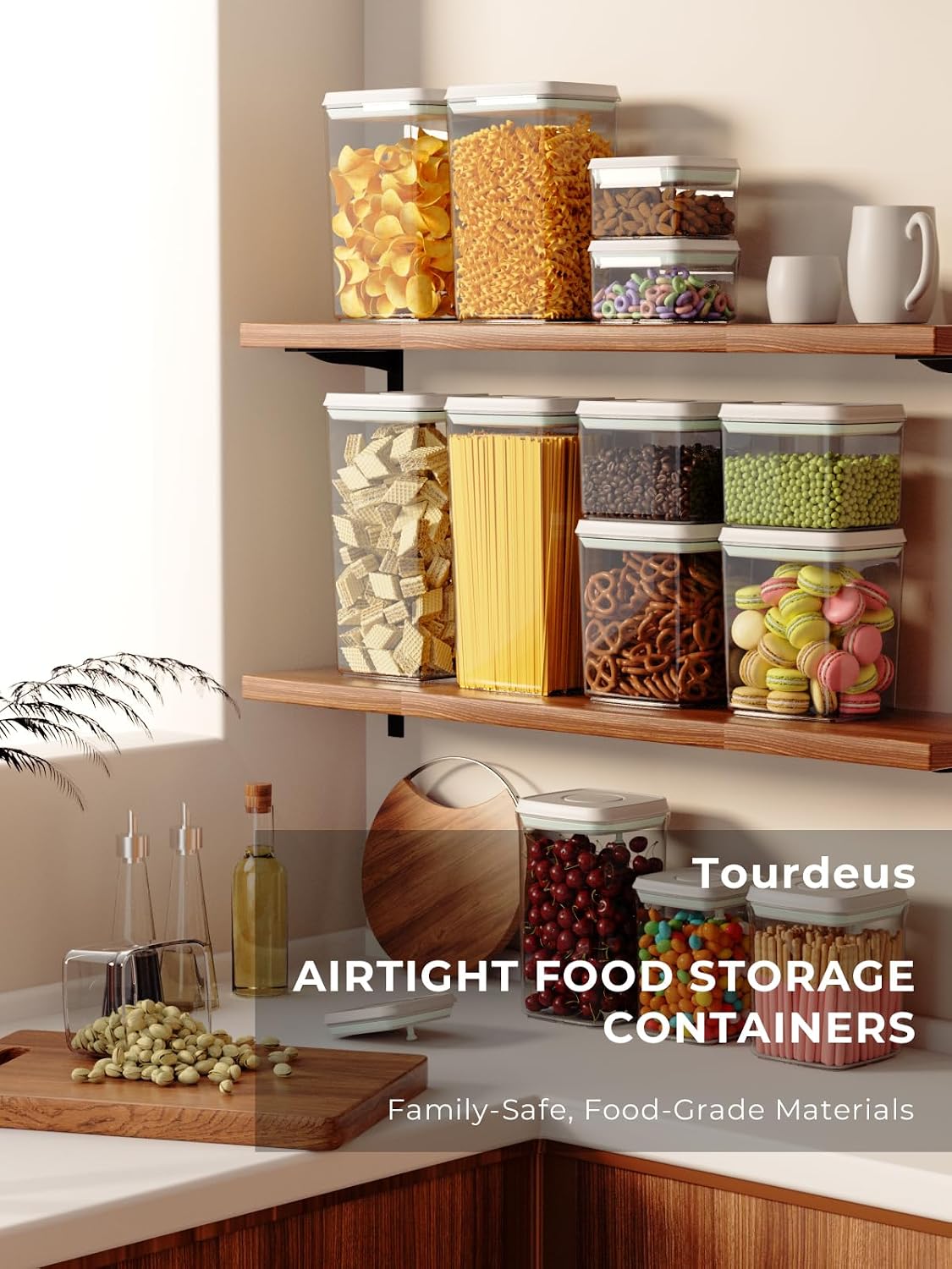Airtight Food Storage Containers, 5 Sizes, Pop-Top Lids | Clear Stackable Pantry Canisters for Flour, Sugar, Cereal, Pasta, Oats, Coffee, Snacks and Everyday Home Baking Ingredients