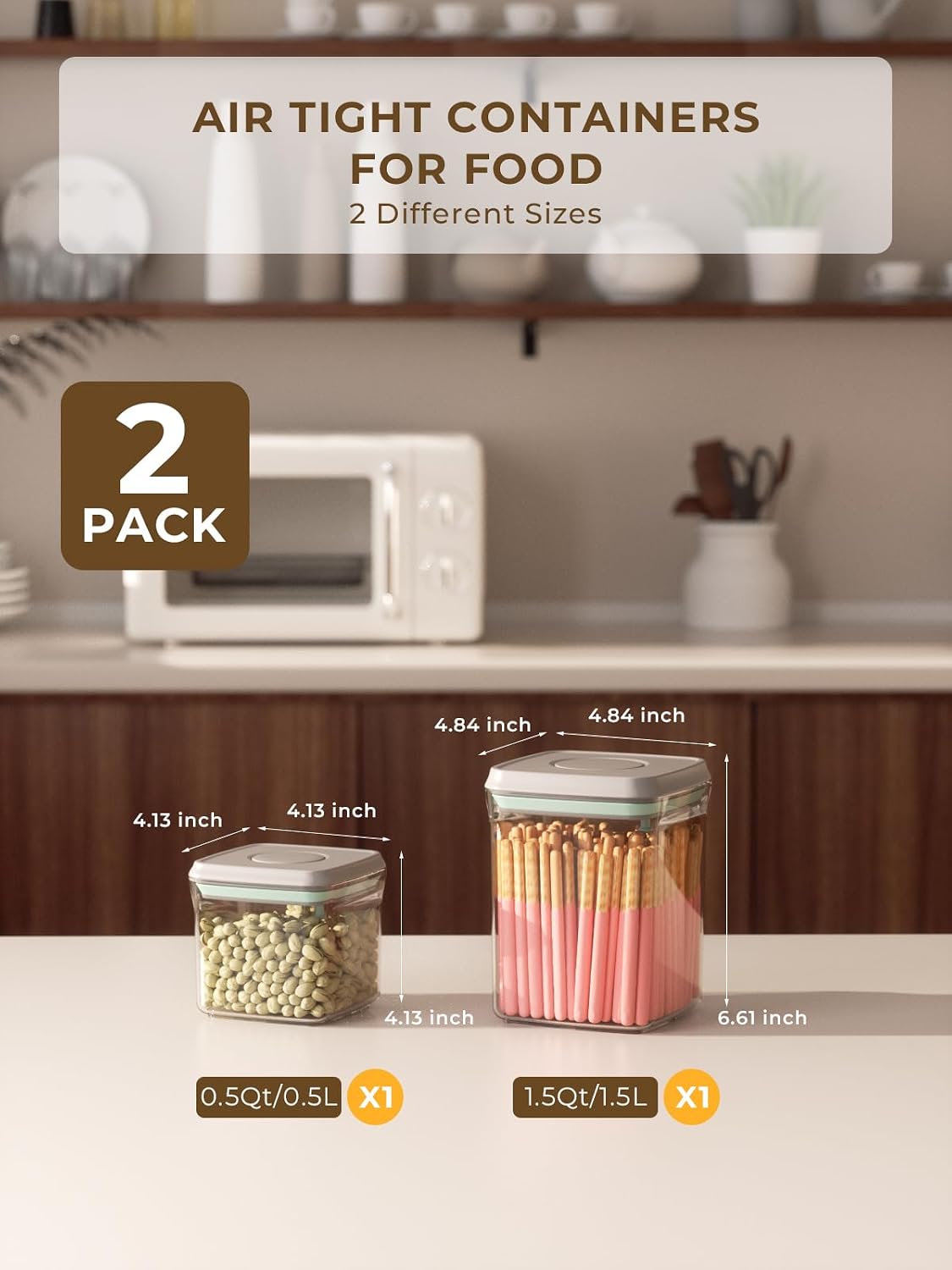 Airtight Food Storage Containers, 5 Sizes, Pop-Top Lids | Clear Stackable Pantry Canisters for Flour, Sugar, Cereal, Pasta, Oats, Coffee, Snacks and Everyday Home Baking Ingredients