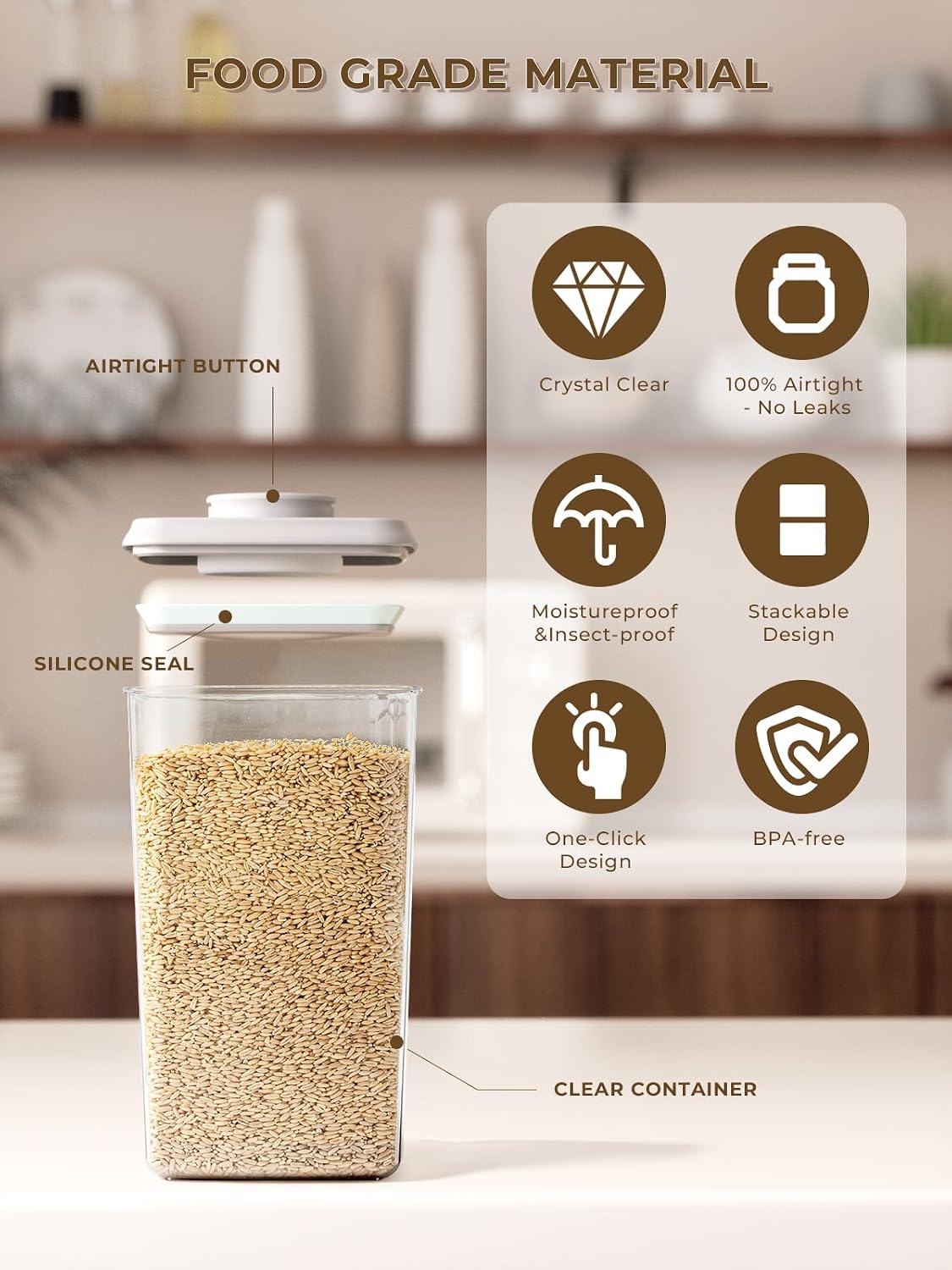 Airtight Food Storage Containers, 5 Sizes, Pop-Top Lids | Clear Stackable Pantry Canisters for Flour, Sugar, Cereal, Pasta, Oats, Coffee, Snacks and Everyday Home Baking Ingredients