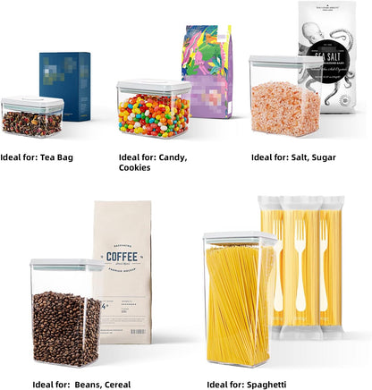 Airtight Food Storage Containers, 5 Sizes, Pop-Top Lids | Clear Stackable Pantry Canisters for Flour, Sugar, Cereal, Pasta, Oats, Coffee, Snacks and Everyday Home Baking Ingredients
