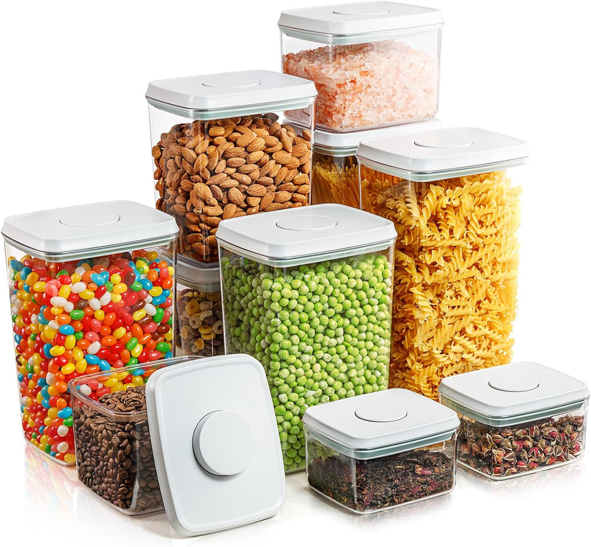 Airtight Food Storage Containers, 5 Sizes, Pop-Top Lids | Clear Stackable Pantry Canisters for Flour, Sugar, Cereal, Pasta, Oats, Coffee, Snacks and Everyday Home Baking Ingredients
