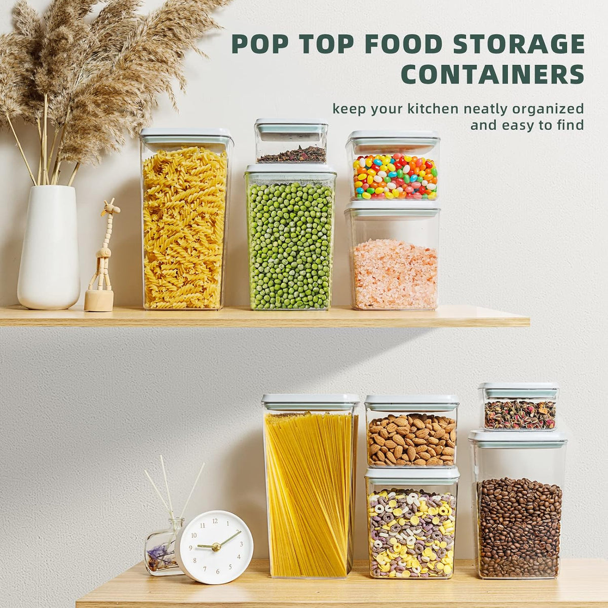 Airtight Food Storage Containers, 5 Sizes, Pop-Top Lids | Clear Stackable Pantry Canisters for Flour, Sugar, Cereal, Pasta, Oats, Coffee, Snacks and Everyday Home Baking Ingredients