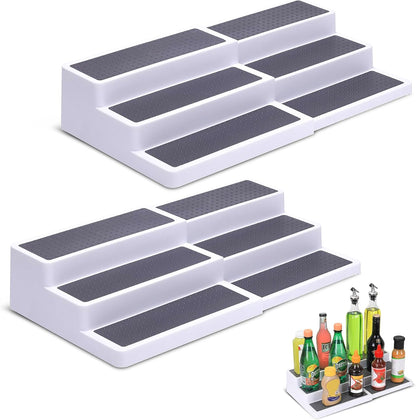 3 Tier Expandable Spice Rack Organizer, White/Grey Plastic Spice Rack, Adjustable Length 14.6In-25.8In, 2 Pack Non-Skid Tiered Spice Shelf Organizer for Kitchen Cabinet, Cupboard, Pantry