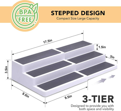 3 Tier Expandable Spice Rack Organizer, White/Grey Plastic Spice Rack, Adjustable Length 14.6In-25.8In, 2 Pack Non-Skid Tiered Spice Shelf Organizer for Kitchen Cabinet, Cupboard, Pantry