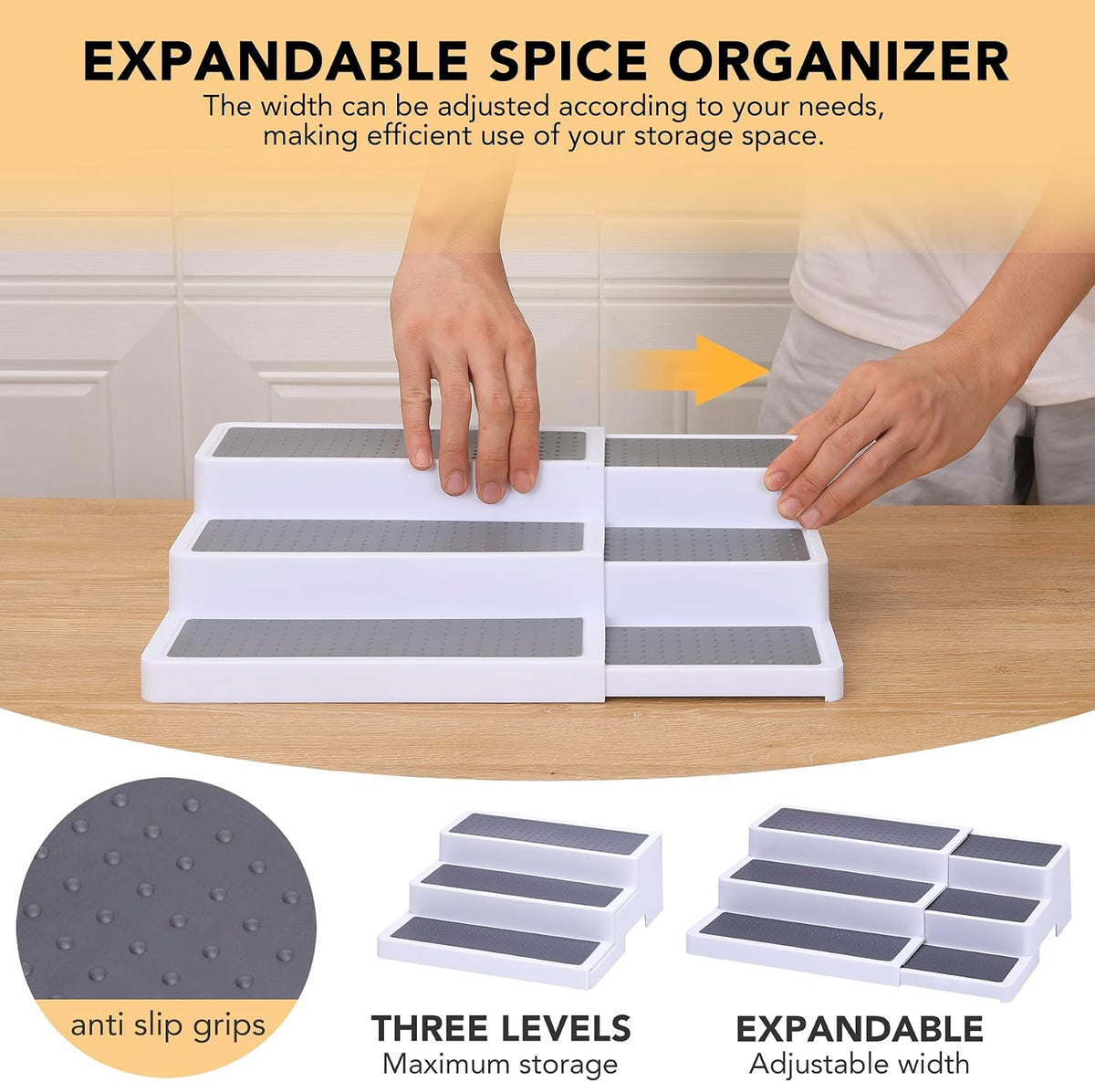 3 Tier Expandable Spice Rack Organizer, White/Grey Plastic Spice Rack, Adjustable Length 14.6In-25.8In, 2 Pack Non-Skid Tiered Spice Shelf Organizer for Kitchen Cabinet, Cupboard, Pantry